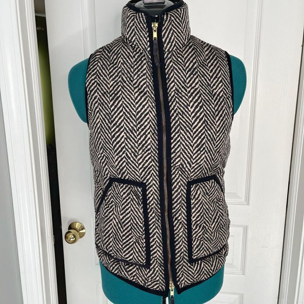 J. Crew Down Water Fowl Feathers Quilted Herringbone Pocket Zip Puffer Vest
